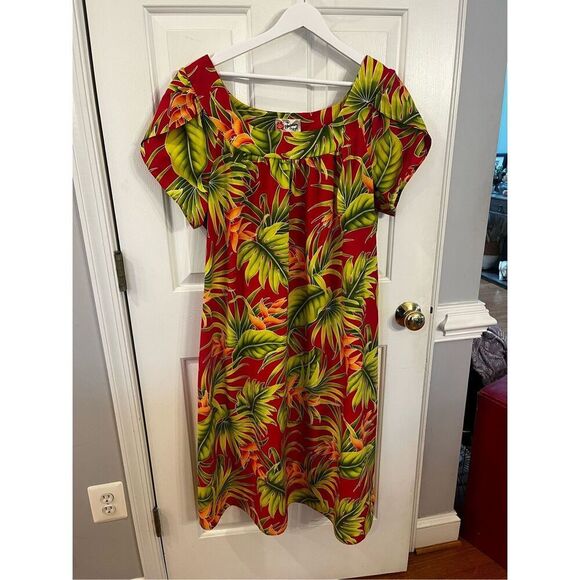 Vintage Hilo Hattie Red & Green Palm Leaf Print Hawiaiian Dress sz 3X NWOT - Picture 1 of 6
